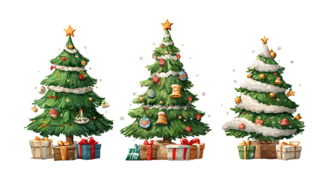 Funny cartoon Christmas tree character with smiling face and decorations isolated on transparent background high resolution PNG vector illustration for festive holiday design - Powered by Adobe