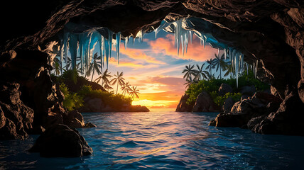 View of a tropical island sunset from inside a cave