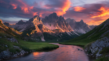 Dramatic mountain landscape with river and fiery sunset sky