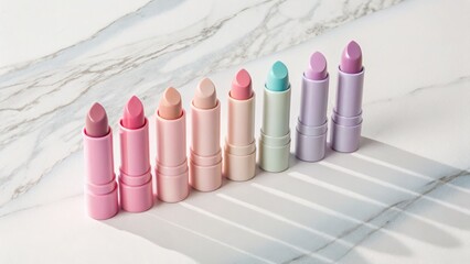 Pastel colored lipsticks lined up on a marble surface