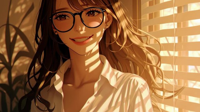 Young woman with glasses stands by window, sunlight casting shadows on her face, showcasing long hair and warm smile, creating serene atmosphere