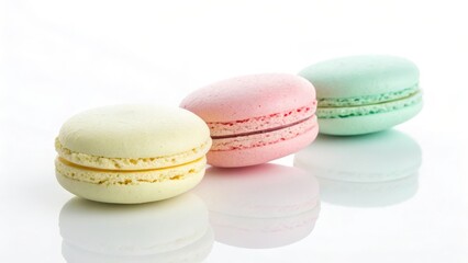 Three pastel colored french macarons in a row on white background