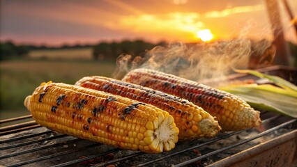 Grilled corn on the cob sizzling on a barbecue at sunset