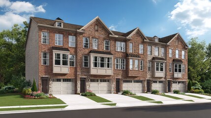 Modern Brick Townhouses with Lush Green Landscaping Under Clear Blue Sky
