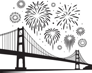 Happy New Year Bridge Fireworks Silhouette Vector