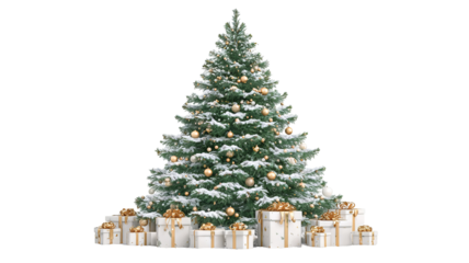 Beautifully decorated Christmas tree with colorful ornaments and gift boxes isolated on transparent background high resolution PNG clipart for winter holiday design