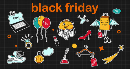A set of stickers for designing Black Friday designs. Vector graphics. Doodle style.