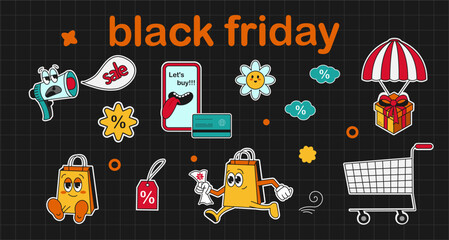 A set of stickers for designing Black Friday designs. Vector graphics, doodle style.