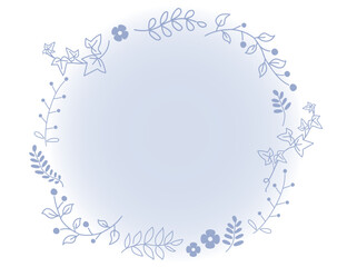 ナチュラルな観葉植物の葉や実で囲まれたブルー系の丸いフレーム素材