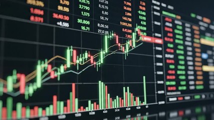 Financial Stock Market Data Display - This video showcases a screen displaying financial stock market data with fluctuating charts and numbers. - Powered by Adobe