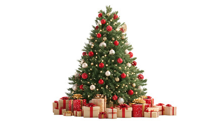 Decorated Christmas tree with presents isolated on transparent background high resolution PNG clipart evergreen for winter holiday cards invitations and design