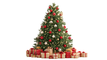 Decorated Christmas tree with presents isolated on transparent background high resolution PNG clipart evergreen for winter holiday cards invitations and design