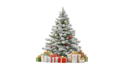 Decorated Christmas tree with presents isolated on transparent background high resolution PNG clipart evergreen for winter holiday cards invitations and design