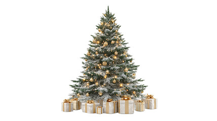 Decorated Christmas tree with presents isolated on transparent background high resolution PNG clipart evergreen for winter holiday cards invitations and design
