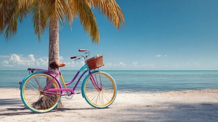 Fototapeta premium Colorful Vintage Bicycle by Palm Tree at Tranquil Beach with Clear Sky and Calm Water