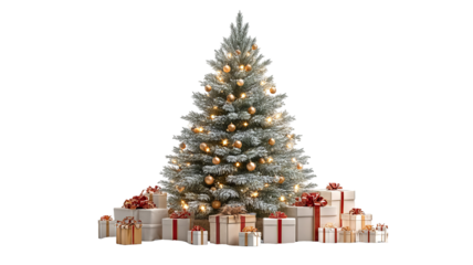 Decorated Christmas tree with presents isolated on transparent background high resolution PNG clipart evergreen for winter holiday cards invitations and design