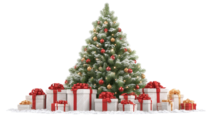 Christmas tree with gift boxes isolated on transparent background high resolution 3D PNG clipart festive evergreen for winter holiday cards invitations banners and design
