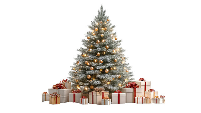 Decorated Christmas tree with presents isolated on transparent background high resolution PNG clipart evergreen for winter holiday cards invitations and design - Powered by Adobe