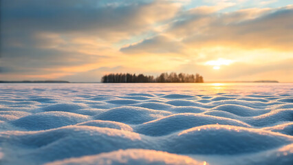 Golden sunset over frozen lake with snow drifts and island forest