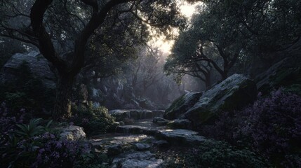 A serene forest landscape with tall trees, rocks, a stream, purple flowers, and sunlight filtering through, creating a tranquil, misty atmosphere.