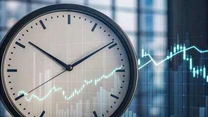 A clock face overlays a graph displaying financial data, symbolizing time management and market analysis.