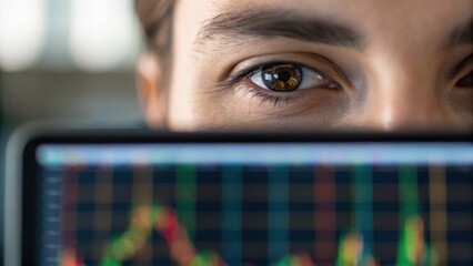 Close-up of a person's eye peering over a laptop screen displaying colorful financial charts and graphs.