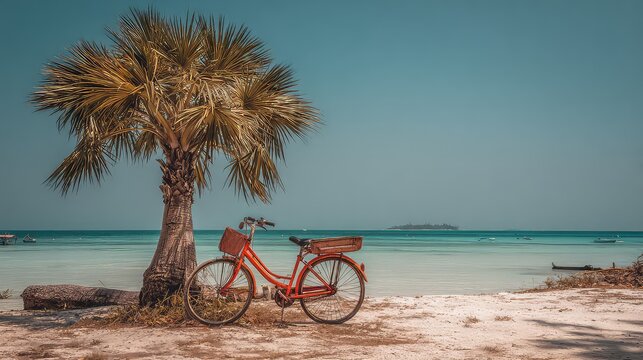 Tranquil beach scene featuring a vintage bicycle beside a palm tree under a clear blue sky with turquoise water in the background