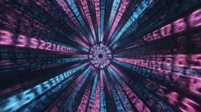 Flowing Futuristic Data Stream - A digital stream of data flows towards the viewer, video in shades of pink and blue. The tunnel vision effect adds to the futuristic and dynamic feel of the scene.