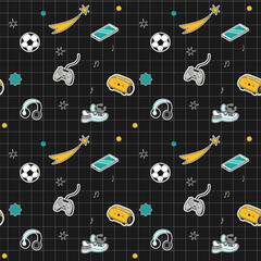 Seamless pattern black checkered decorated with stickers. Vector graphics. Doodle style.