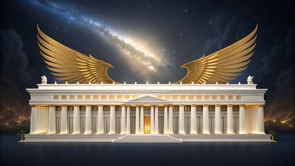 Majestic ancient temple with golden wings under a starry sky