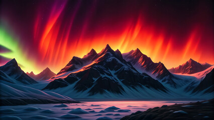 Vibrant aurora borealis shimmering over snow capped mountains and frozen lake
