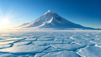 Majestic snow capped mountain peak rising above a vast frozen landscape under a clear blue sky