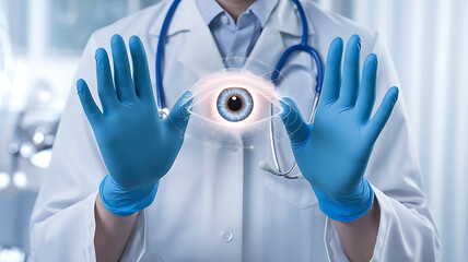 Doctor wearing blue gloves with glowing eye symbol between hands