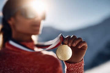 Close-up of athlete holding a gold medal against a sunny mountain background.  Concept for the 2026 Winter Olympics.