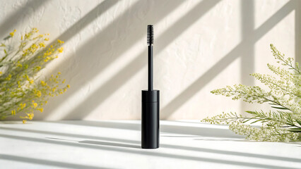 Elegant black mascara wand and tube with soft natural light and greenery