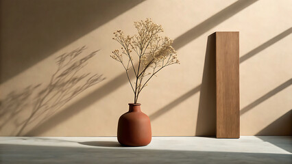 Minimalist still life with dried flowers and geometric shapes in warm sunlight