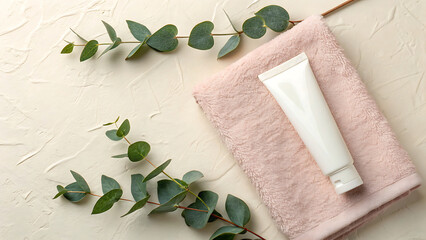 Natural skincare product tube with eucalyptus on soft pink towel