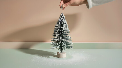 Hand decorating a small flocked christmas tree with glitter