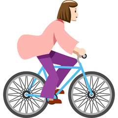 Obraz premium Pixel art illustration of a woman with short brown hair wearing a pink loose-fitting top and purple pants riding a blue bicycle on a transparent background.