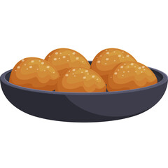 Pixel art illustration of golden brown spherical food items sprinkled with salt served in a dark grey textured bowl with a simple transparent background.