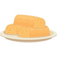 Pixel Art Illustration of Golden Brown Spring Rolls Stacked on a White Plate Against a Transparent Background