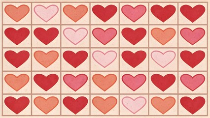 Bright Heart Grid on Wrap Paper Texture. Seamless grid of hearts in alternating bright shades layered over a soft wrap-paper texture &mdash; cheerful and bold.