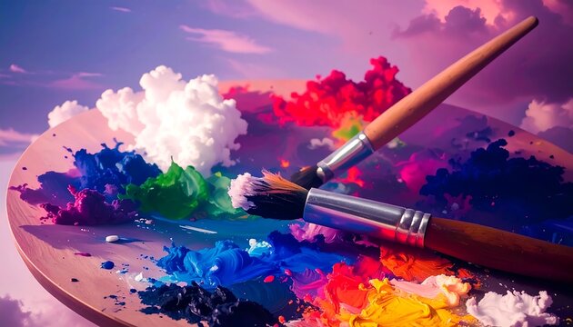 Artist's Palette with Bright Oil Paint Swatches and Brushes Against a Dreamy Sky Background