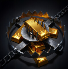 Gold bars caught in a steel bear trap symbolizing risky investment, greed, and market danger&mdash;shiny bullion as tempting bait for financial fraud and downturn