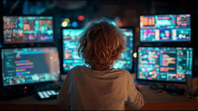 A cinematic shot of a child coding at a computer surrounded by colorful screens, symbolizing innovation and technology learning. Perfect for digital education, coding workshops, and tech lifestyle cam