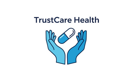 TrustCare Health logo featuring hands holding a capsule, symbolizing healthcare and wellness.