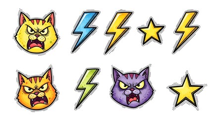 Colorful cartoon cat emojis expressing anger with lightning bolts and stars in a playful arrangement