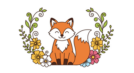Adorable smiling red fox character surrounded by colorful flowers.