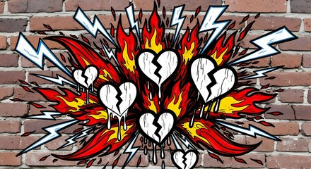 Vibrant mural featuring broken hearts engulfed in flames and lightning on a brick wall