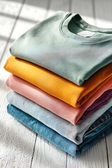 Top-view flat lay of folded pastel t-shirts and jeans arranged neatly on white table, soft daylight, clean product composition, ready for online store catalog.